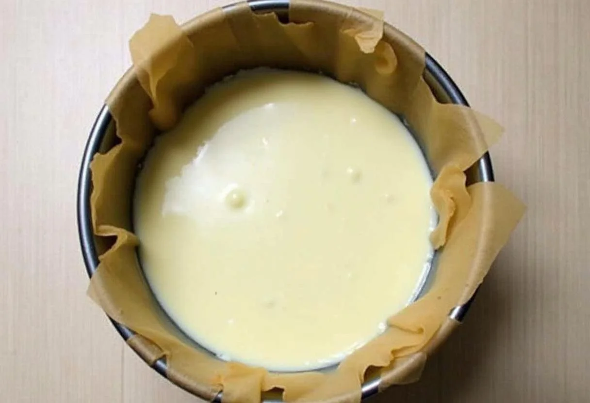 Creme-Mischung wird in eine Springform für Mandarinen-Schmand-Kuchen gegossen.