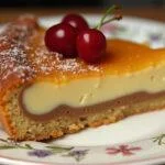 Finished Bester Pudding-Streuselkuchen served with cherries, a perfect dessert.
