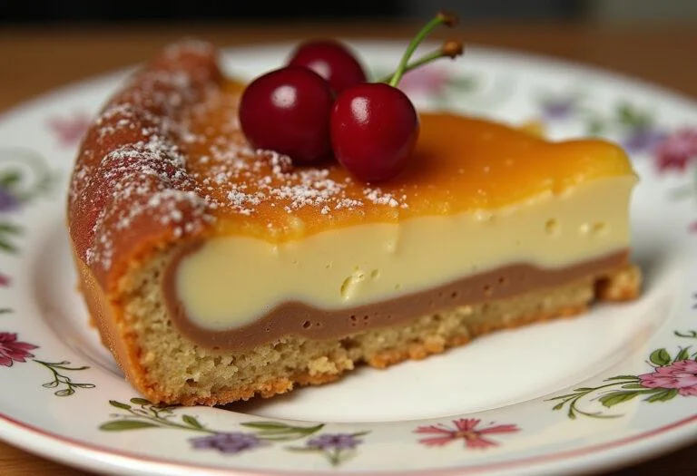Finished Bester Pudding-Streuselkuchen served with cherries, a perfect dessert.