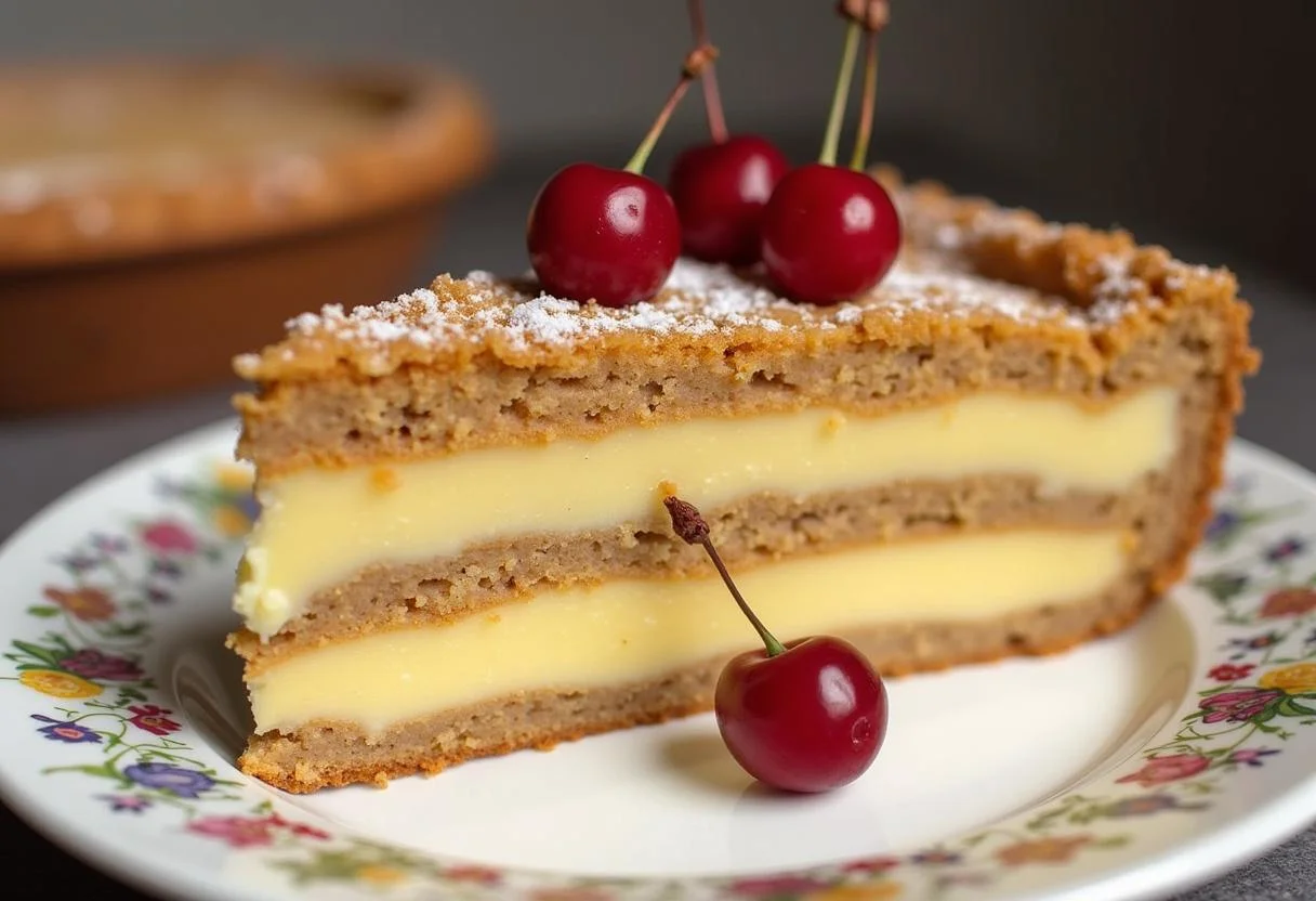 Fertiger Bester Pudding-Streuselkuchen, serviert mit Kirschen, ein perfektes Dessert.