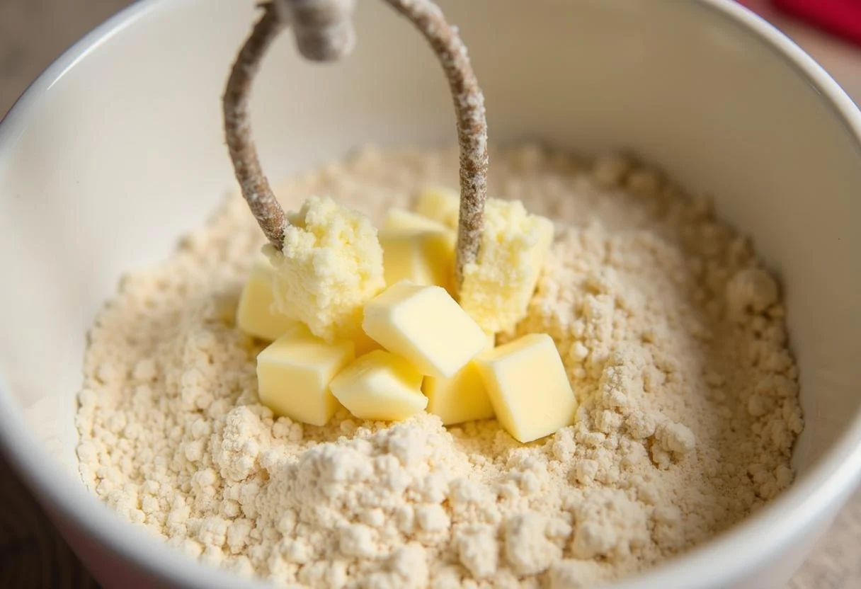 Zutaten für das Streusel-Topping werden für den Besten Pudding-Streuselkuchen vermischt.