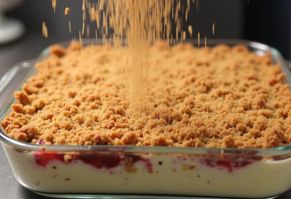 Streusel über Kirschfüllung und Pudding für den Besten Pudding-Streuselkuchen schichten.