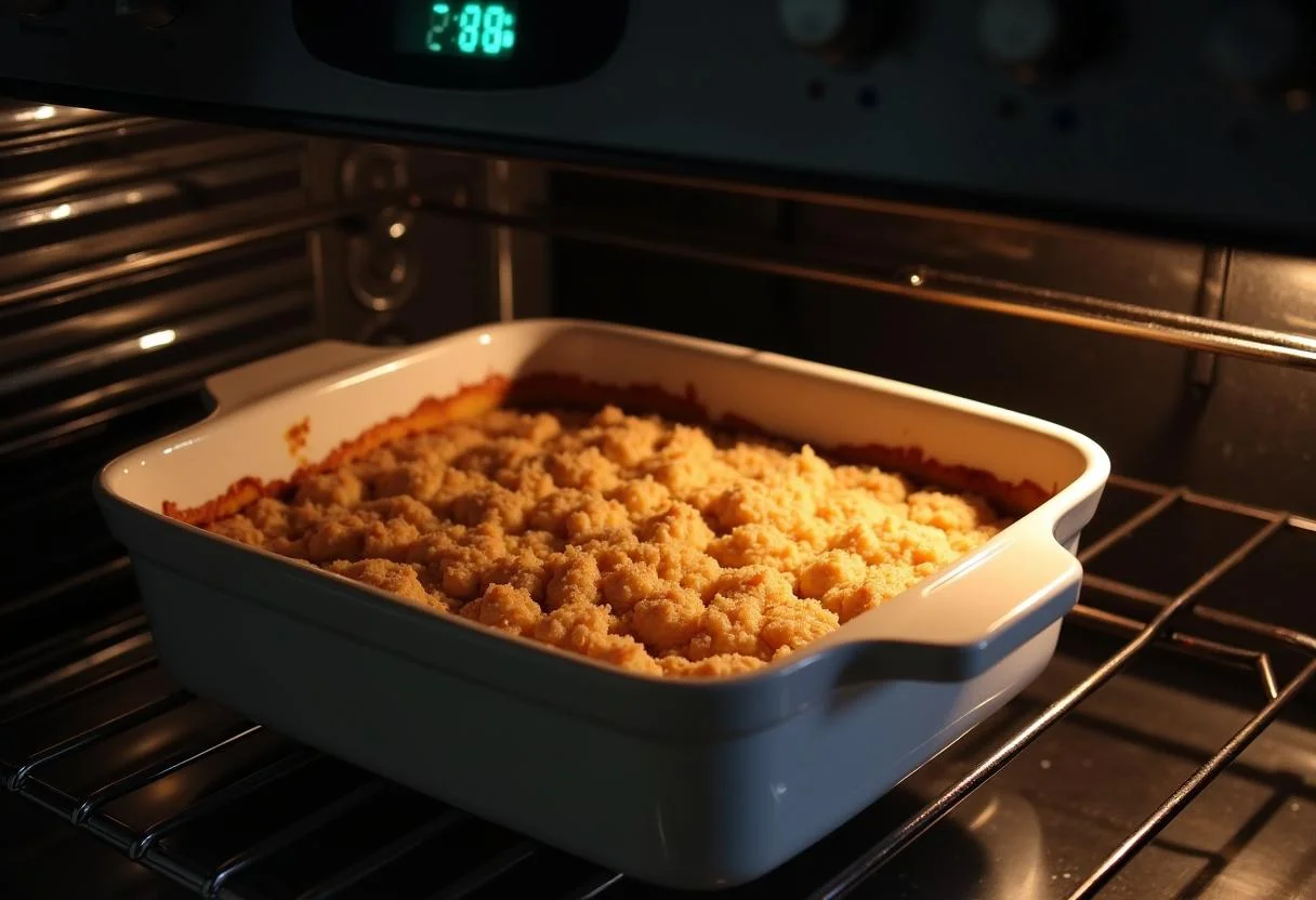 Pudding-Streuselkuchen wird in den Ofen geschoben, um goldbraun zu backen.