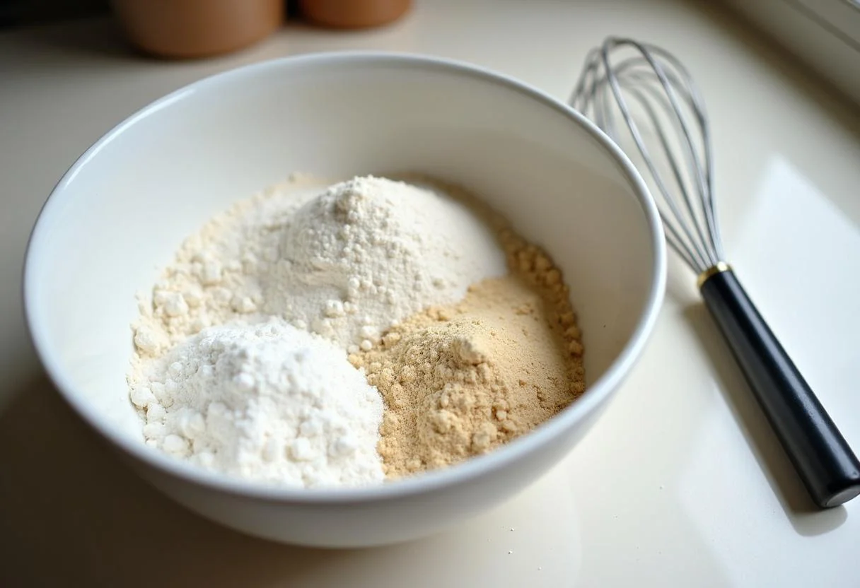 Zutaten für das grund kuchen rezept: Mehl, Zucker und Backpulver in einer Schüssel.
