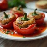Fertige gefüllte Paprika, frisch gebacken und dekoriert, perfekt für das Rezept für gefüllte Paprika mit Hackfleisch.