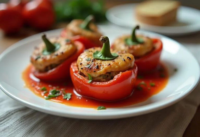 Fertige gefüllte Paprika, frisch gebacken und dekoriert, perfekt für das Rezept für gefüllte Paprika mit Hackfleisch.