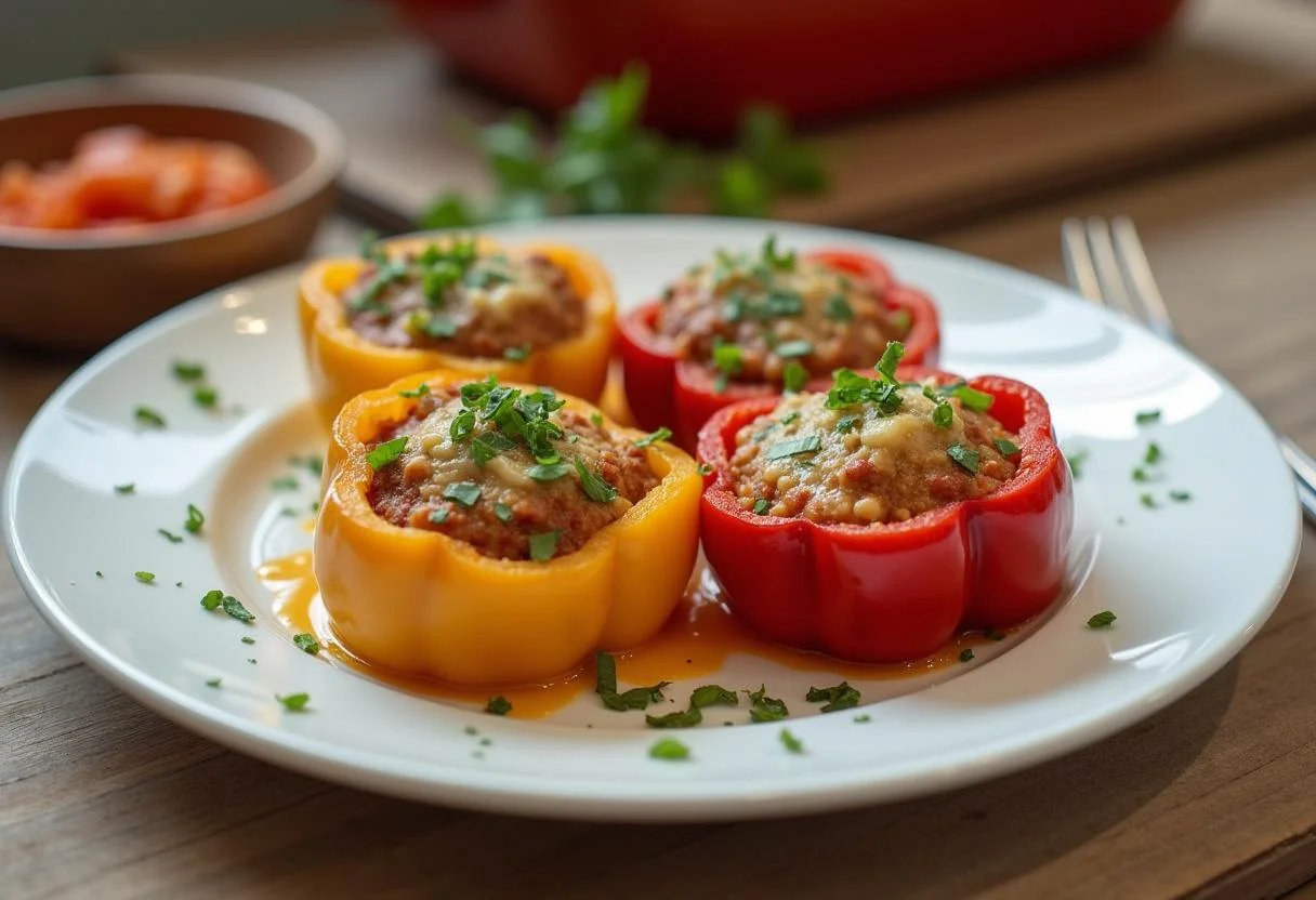 Fertige gefüllte Paprika, frisch gebacken und dekoriert, perfekt für das Rezept für gefüllte Paprika mit Hackfleisch.
