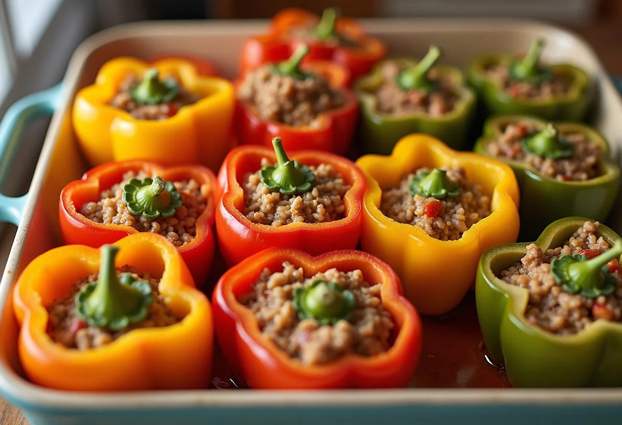 Das Befüllen der Paprika mit Hackfleisch und Reis für gefüllte Paprika, eine klassische Rezeptur.