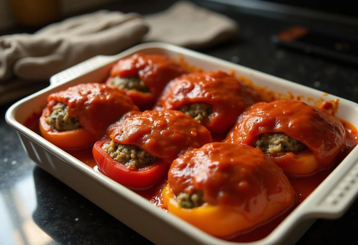 Gefüllte Paprika in einer Auflaufform, bereit zum Backen, perfekt für das Rezept gefüllte Paprika mit Hackfleisch und Reis.