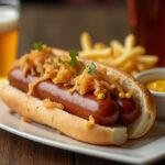 Fertige bratwurst in einem Brötchen mit Sauerkraut und Senf, perfektes Gericht für kalorienbewusste Feinschmecker.