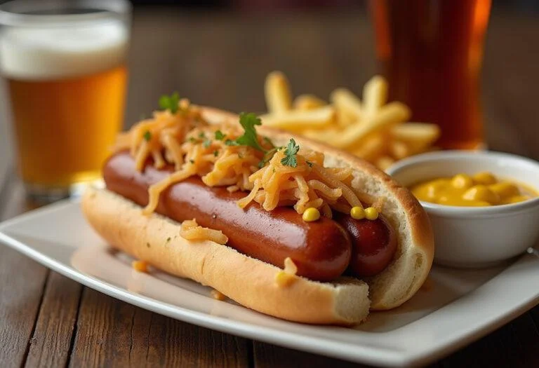 Fertige bratwurst in einem Brötchen mit Sauerkraut und Senf, perfektes Gericht für kalorienbewusste Feinschmecker.