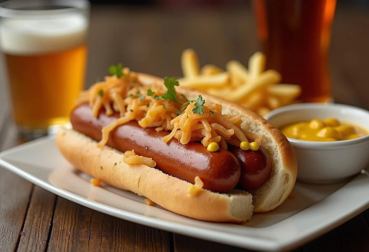 Fertige bratwurst in einem Brötchen mit Sauerkraut und Senf, perfektes Gericht für kalorienbewusste Feinschmecker.
