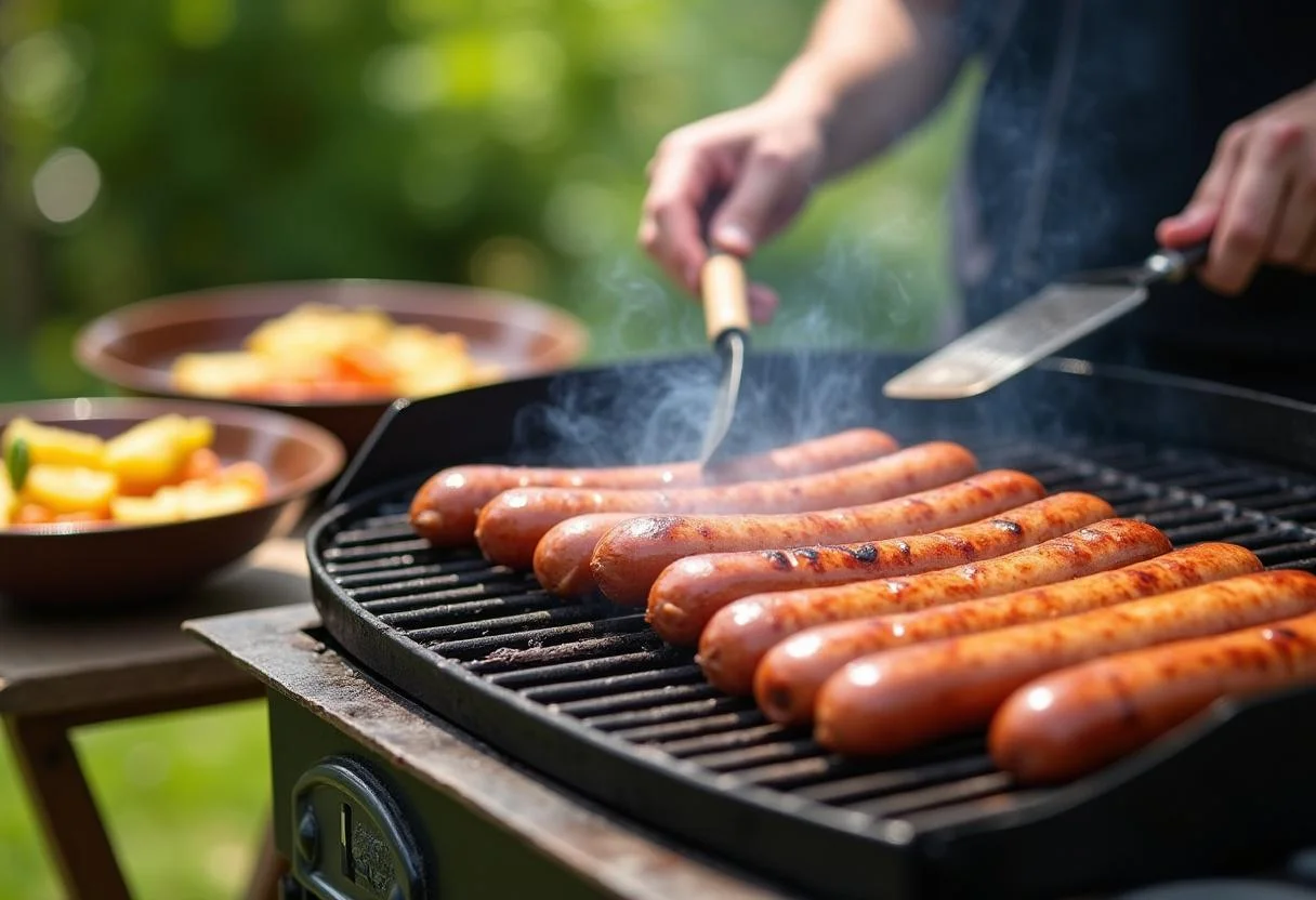 Bratwürste auf dem Grill werden gedreht, perfekt für das Genießen und die Überprüfung von Kalorien der Bratwurst.