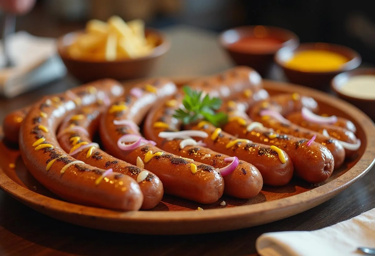 Gegrillte bratwürste auf einem Servierteller mit Zwiebeln und Senf, bereit zum Essen und zur Berechnung der Kalorien der Bratwurst.
