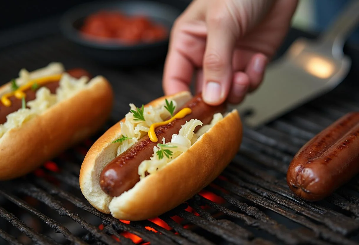 Bratwurst wird in ein Brötchen gelegt, bereit zur Zubereitung mit verschiedenen Belägen, ideal für kalorienbewusste Genießer.