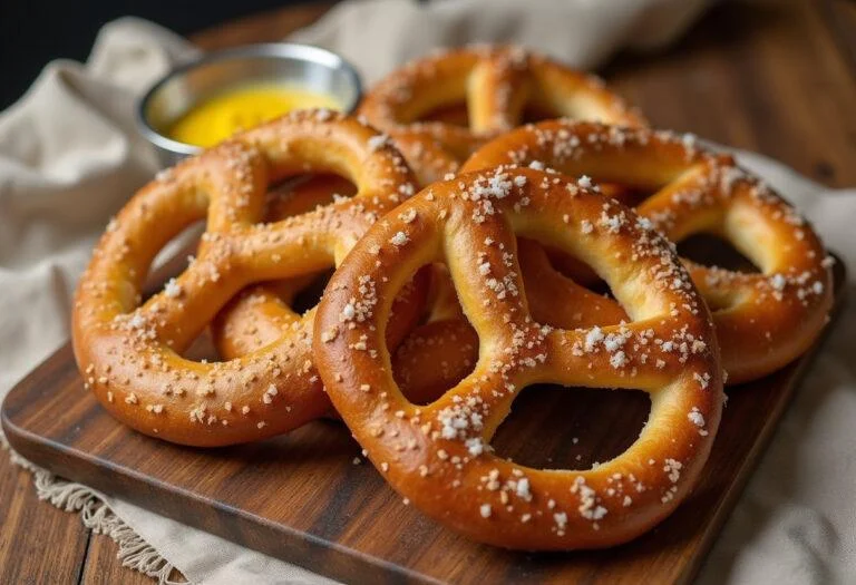 Fertige Brezeln mit grobem Salz und Senf, um die Kalorien einer Brezel zu präsentieren.