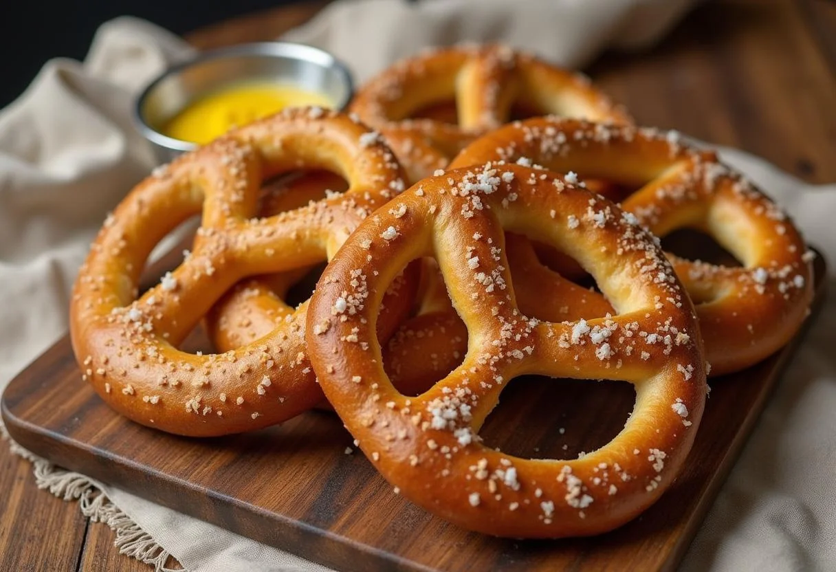 Fertige Brezeln mit grobem Salz und Senf, um die Kalorien einer Brezel zu präsentieren.
