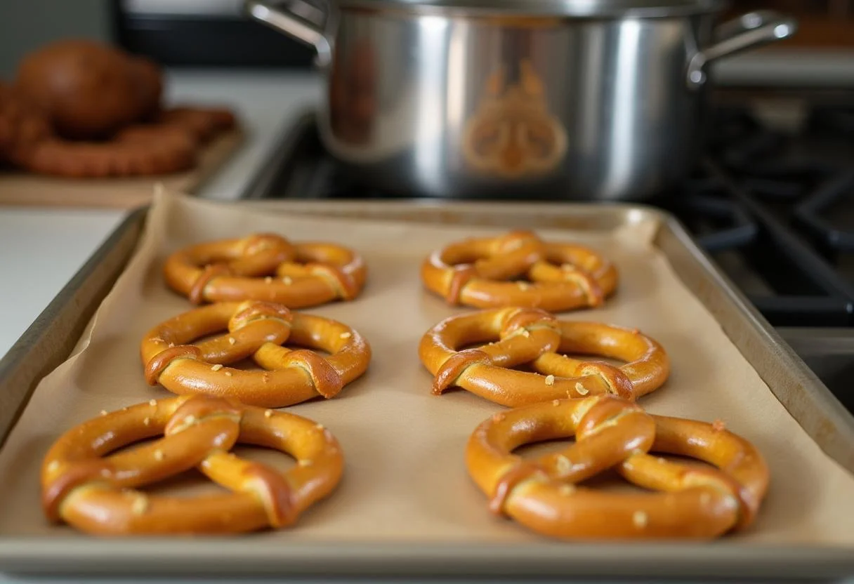 Formbare Brezeln auf einem Blech, die zur Vorbereitung auf das Kochen bereit sind, um Kalorien einer Brezel zu berücksichtigen.