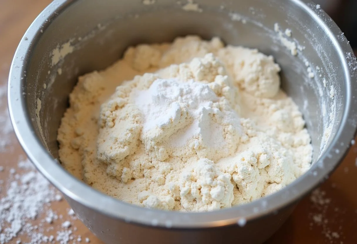 Zutaten für brot ohne hefe bereitgestellt, einschließlich Mehl, Salz und Backpulver.
