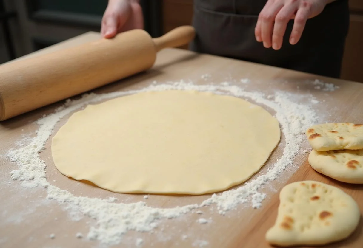 Teig für brot ohne hefe wird mit einem Nudelholz ausgerollt und in Naan-Form gebracht.