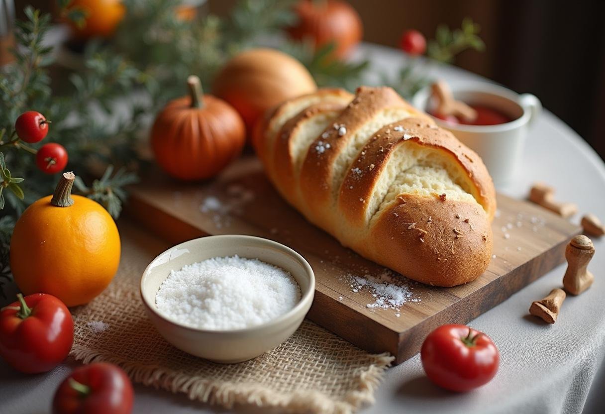 Fertig angerichtetes Geschenk zum Einzug mit Brot, Salz und einer herzlichen Grußkarte.