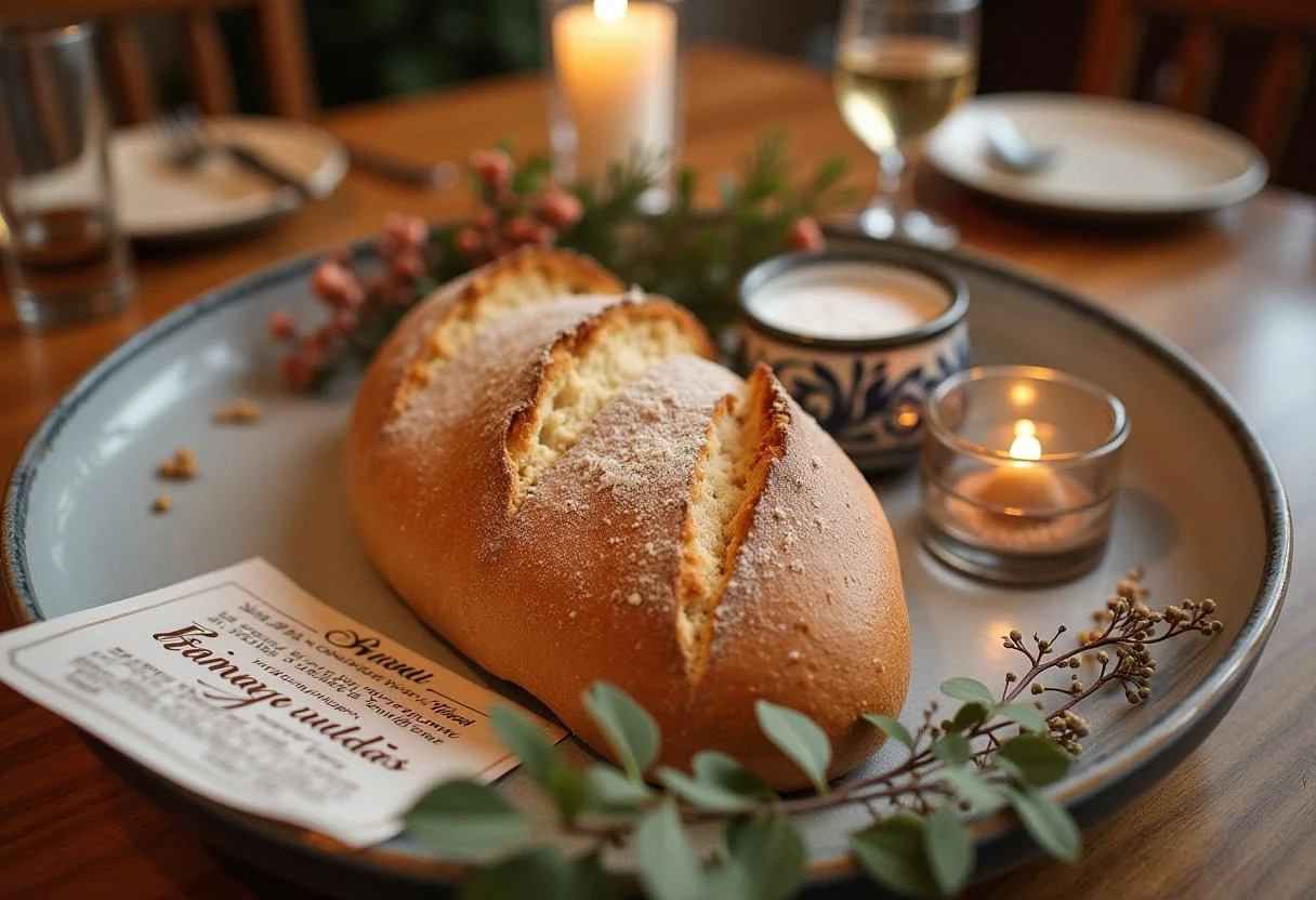 Fertig angerichtetes Geschenk zum Einzug mit Brot, Salz und einer herzlichen Grußkarte.