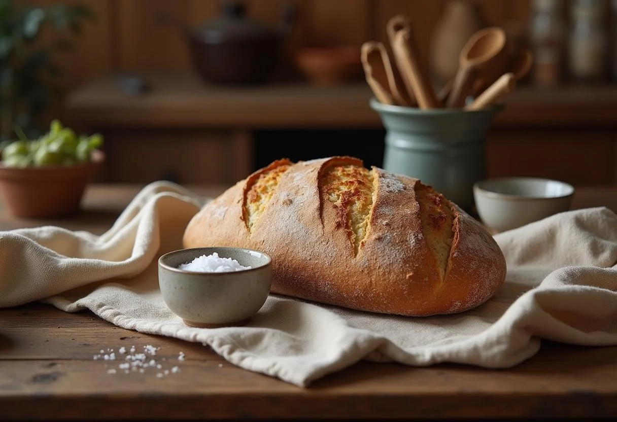 Frisch gebackenes Brot mit Salz auf einem rustikalen Tisch für den Einzug.