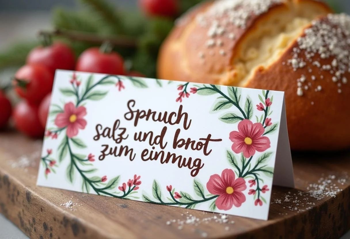 Eine Grußkarte für den Einzug mit dem Spruch Salz und Brot neben dem Brot.