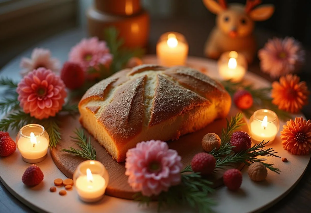 Dekorativer Geschenktisch mit Brot und Salz zum Einzug mit hübschen Elementen.