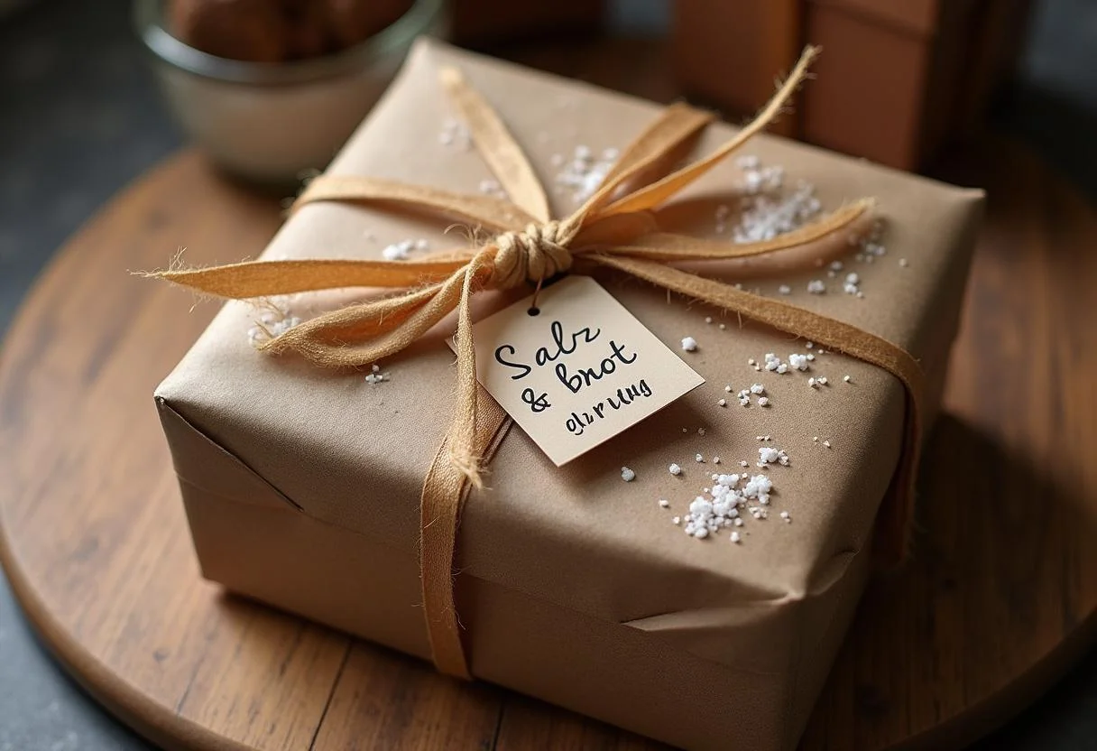 Geschenkbox für den Einzug mit Brot und Salz, versehen mit einem liebevollen Spruch.