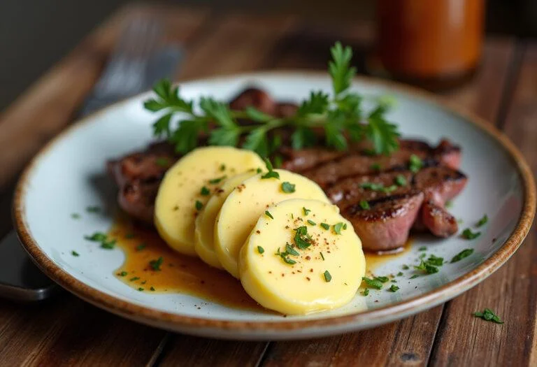 Sliced café de Paris butter served with steak, showcasing its rich flavor and herbs.
