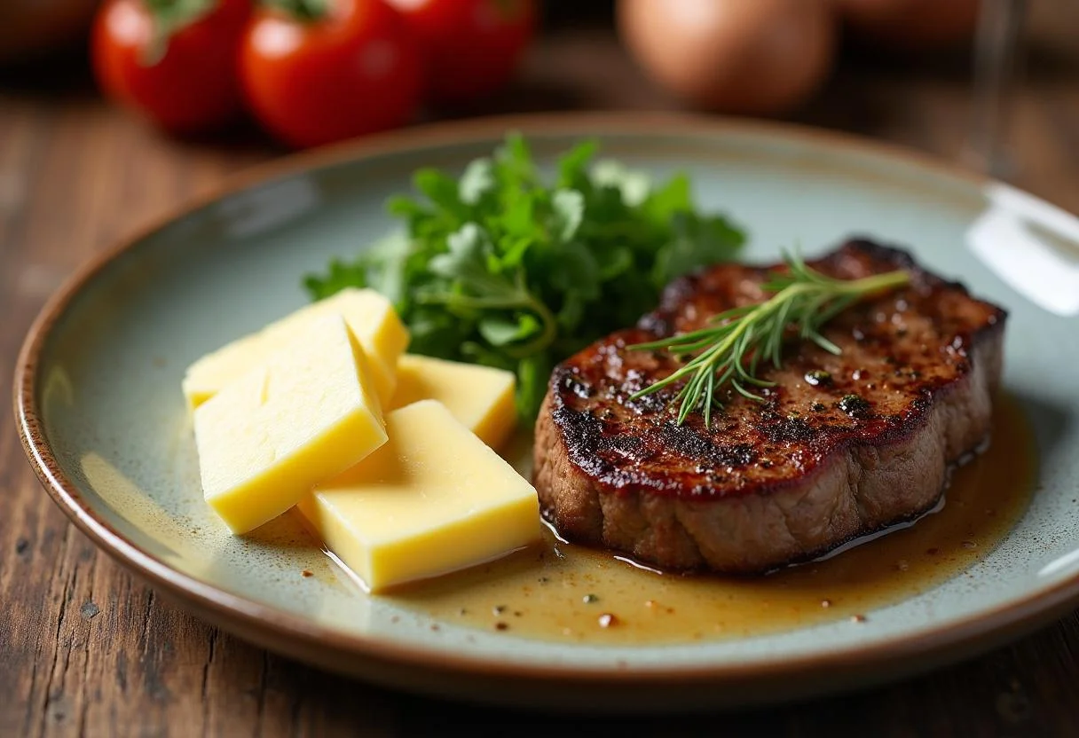 Geschnittene Café de Paris Butter, serviert mit Steak, um ihren reichen Geschmack und die Kräuter zu präsentieren.