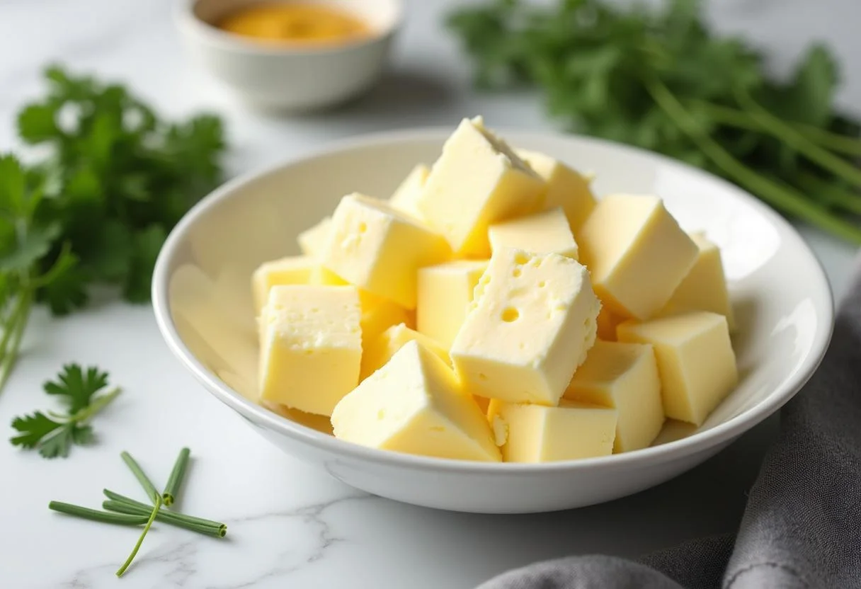 Zutaten für Café de Paris Butter, einschließlich weicher Butter, Kräuter und Dijon-Senf.