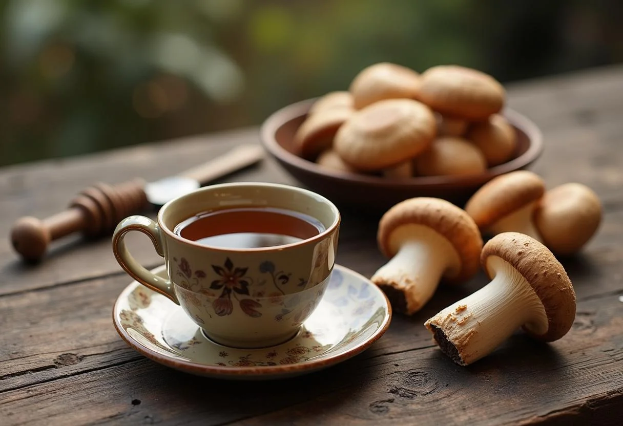 Chaga pilz tee with honey and mushrooms, a perfect wellness drink.