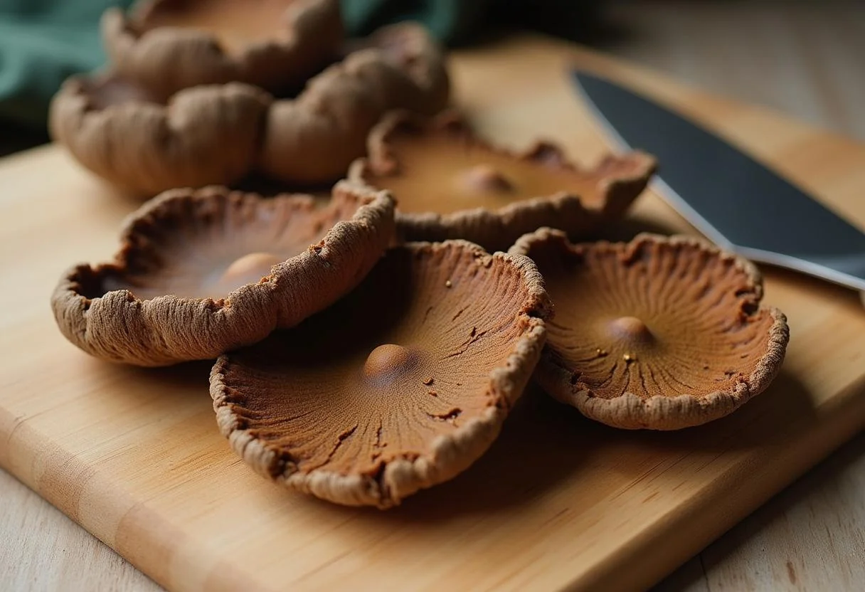 Dried chaga pilz on a cutting board for making chaga pilz tee.