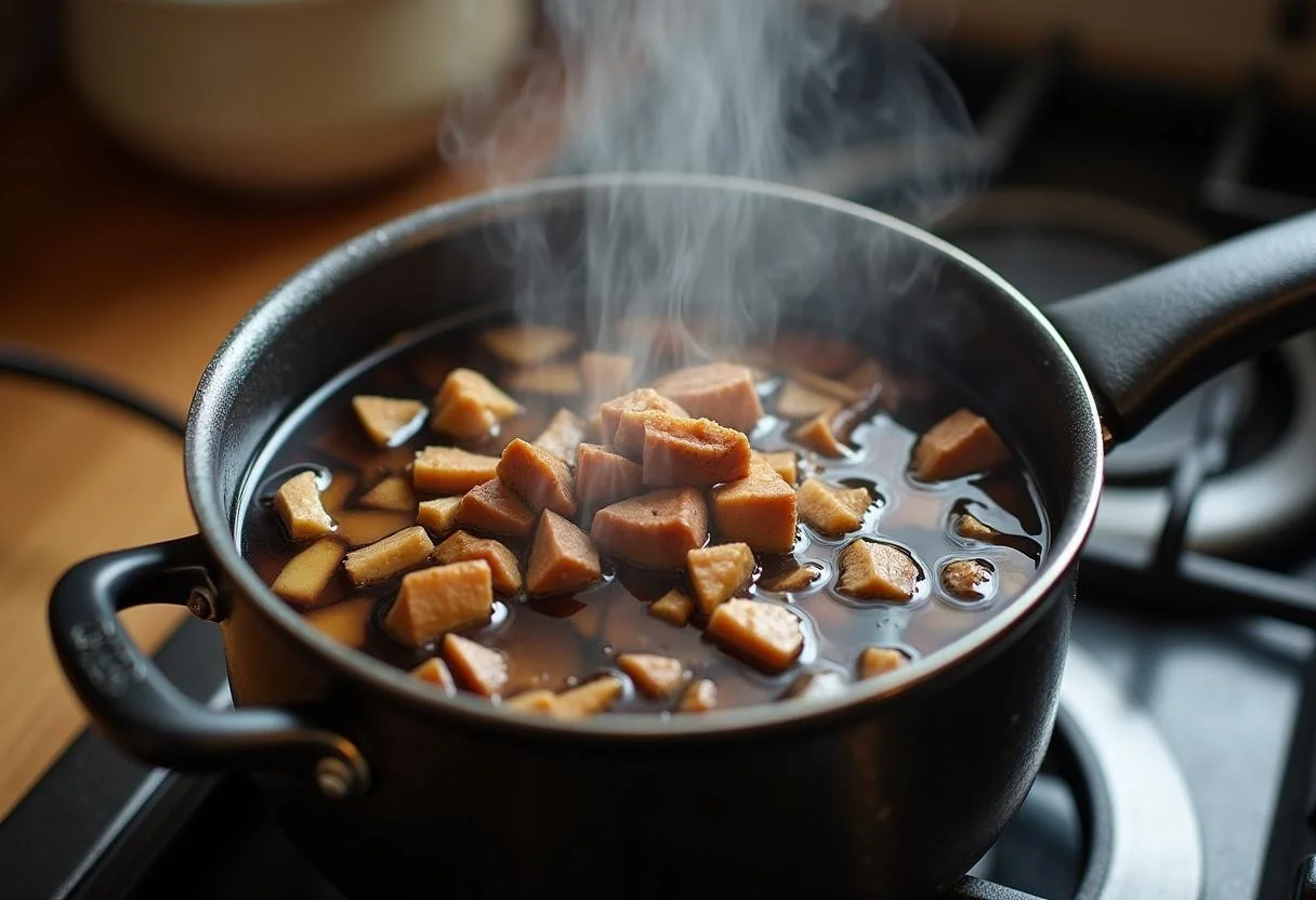 Simmering water with chaga pilz being prepared for chaga pilz tee.