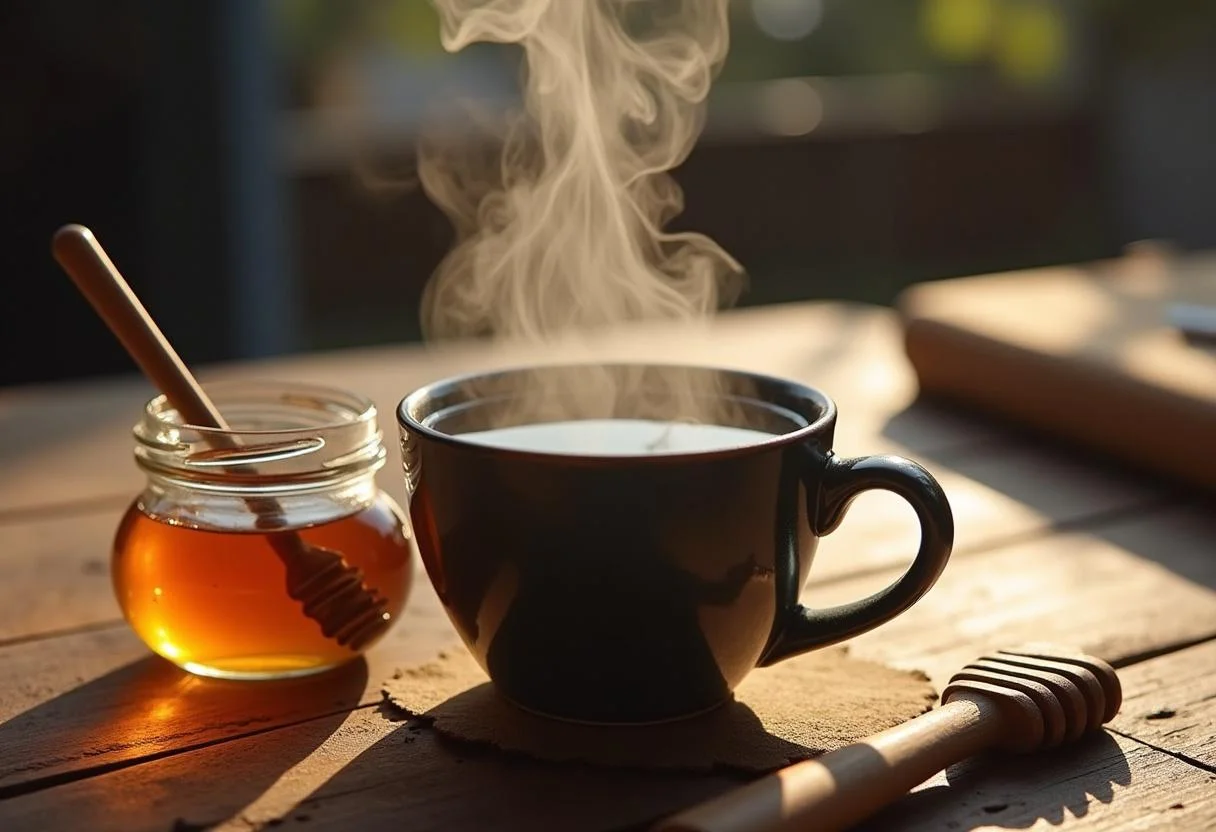 Steaming cup of freshly brewed chaga pilz tee ready to enjoy.