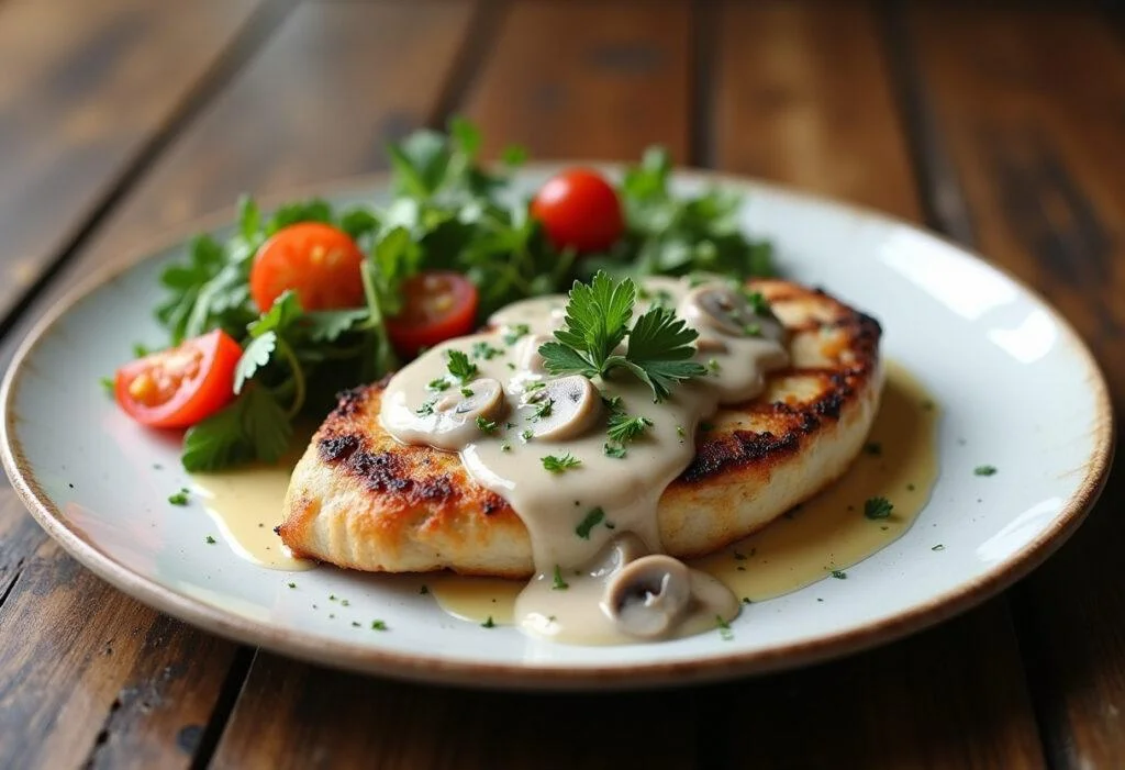 Grilled chicken with cremige Hähnchen-Soße und Champignons, an ideal soße zu hähnchen.