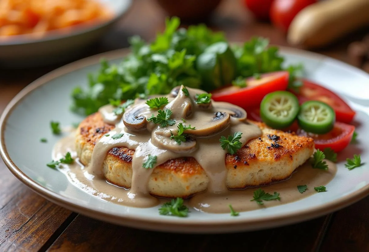 Grilled chicken with cremige Hähnchen-Soße und Champignons, an ideal soße zu hähnchen.