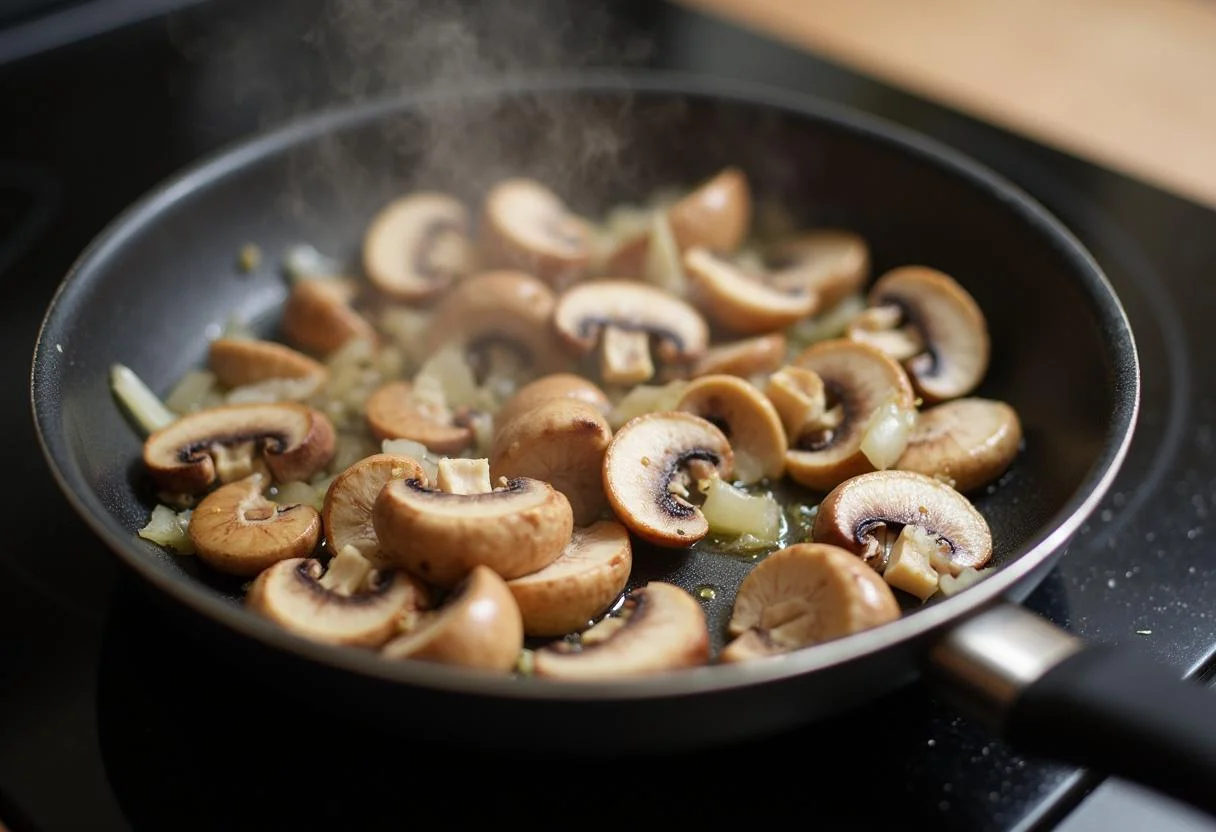 Sliced mushrooms and onions sautéing in a pan for cremige Hähnchen-Soße.