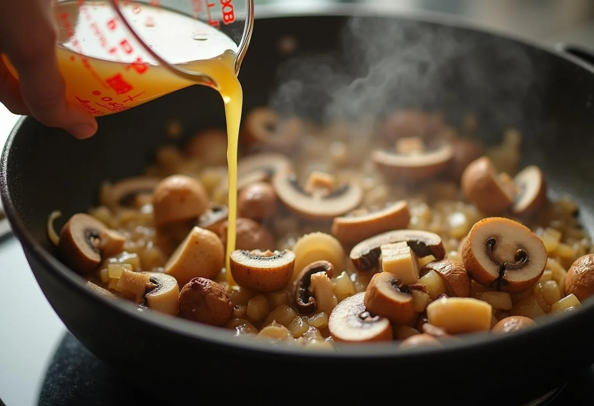 Adding chicken broth to the sautéed mushrooms and onions for soße für hähnchen.
