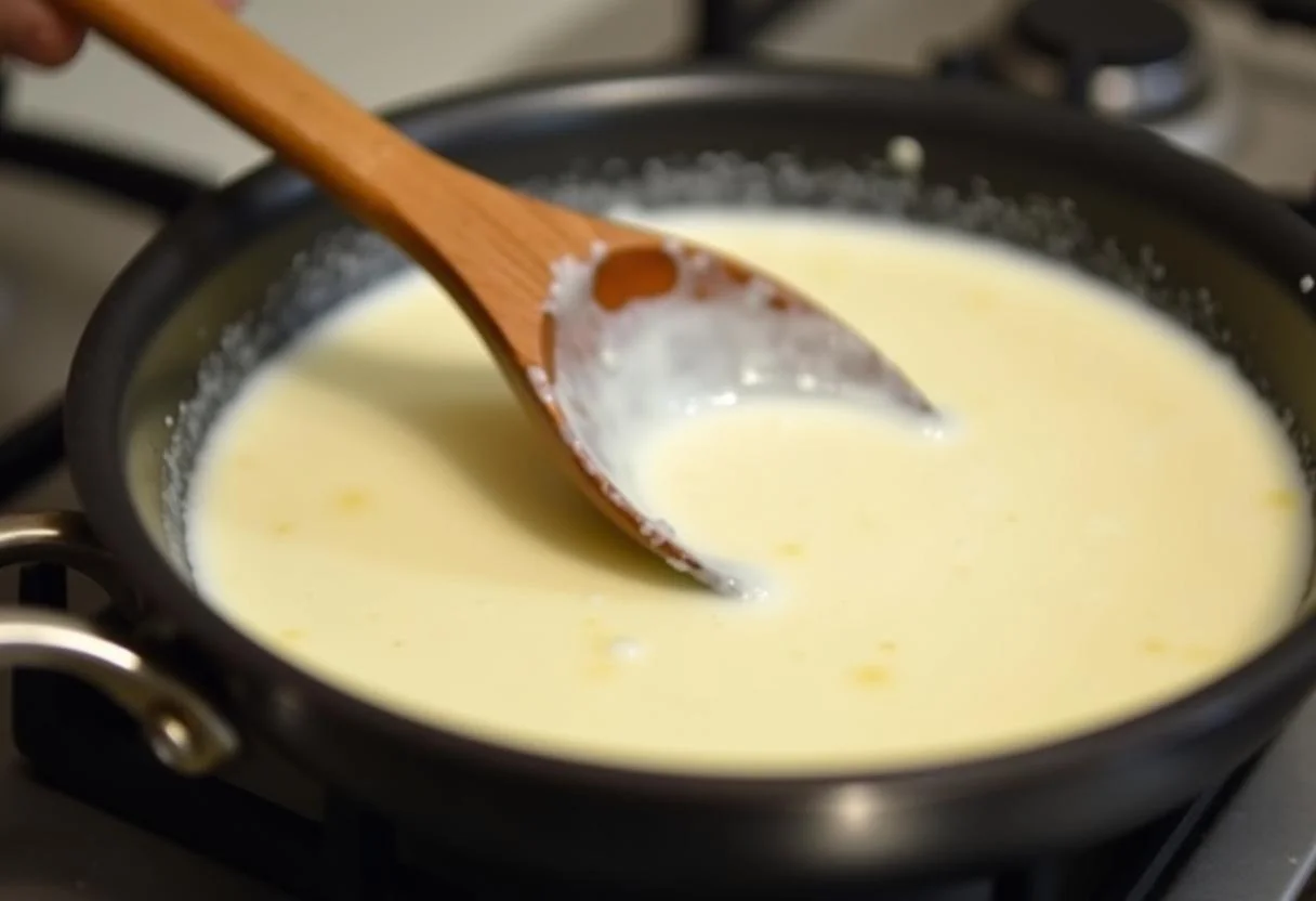 Heavy cream being stirred into the mixture for cremige Hähnchen-Soße.