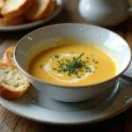Finished cremige Lauchsuppe mit Kartoffeln served with bread, ideal for a comforting meal.
