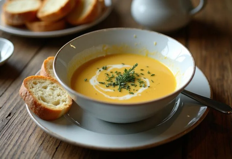 Finished cremige Lauchsuppe mit Kartoffeln served with bread, ideal for a comforting meal.