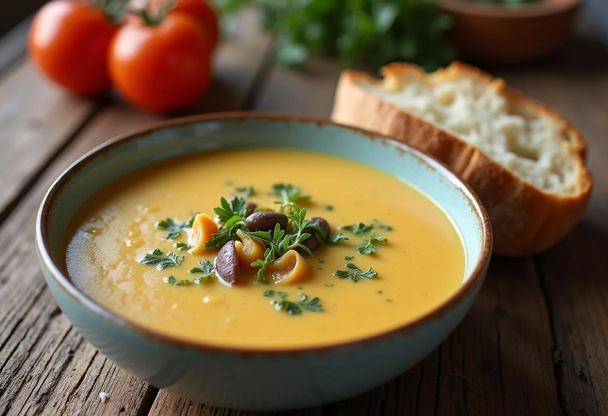 Fertige cremige Lauchsuppe mit Kartoffeln, serviert mit Brot – ideal für eine wohltuende Mahlzeit.