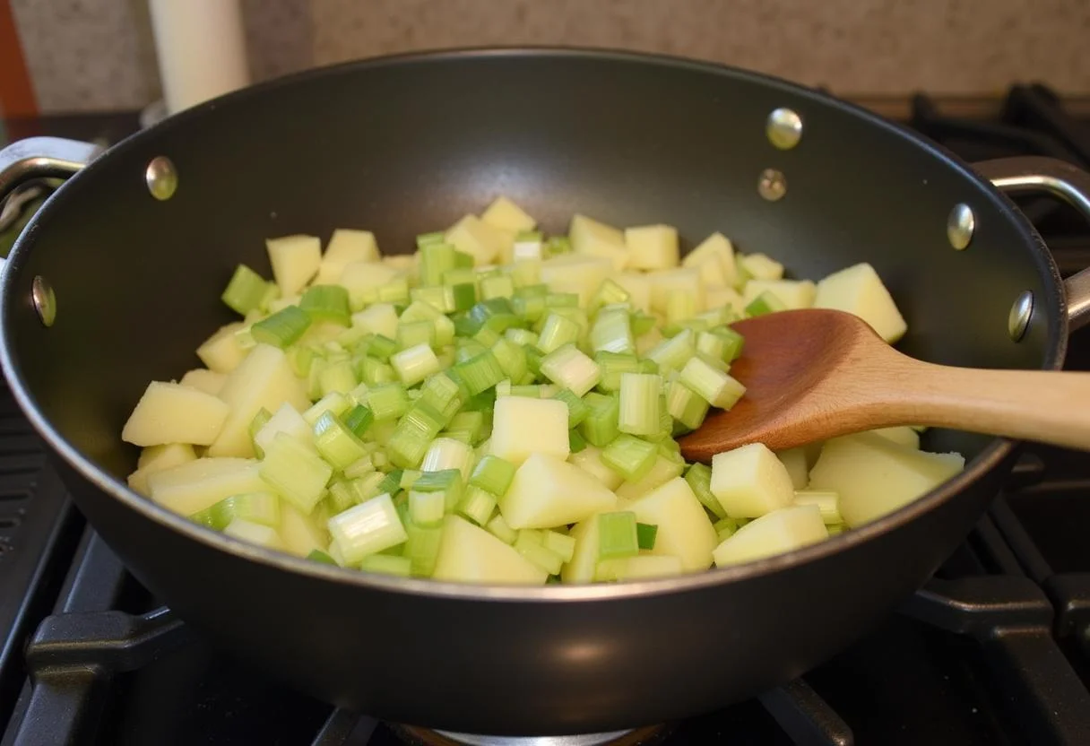 Topf mit gehacktem Lauch und Kartoffeln für die Zubereitung der cremigen Lauchsuppe mit Kartoffeln.