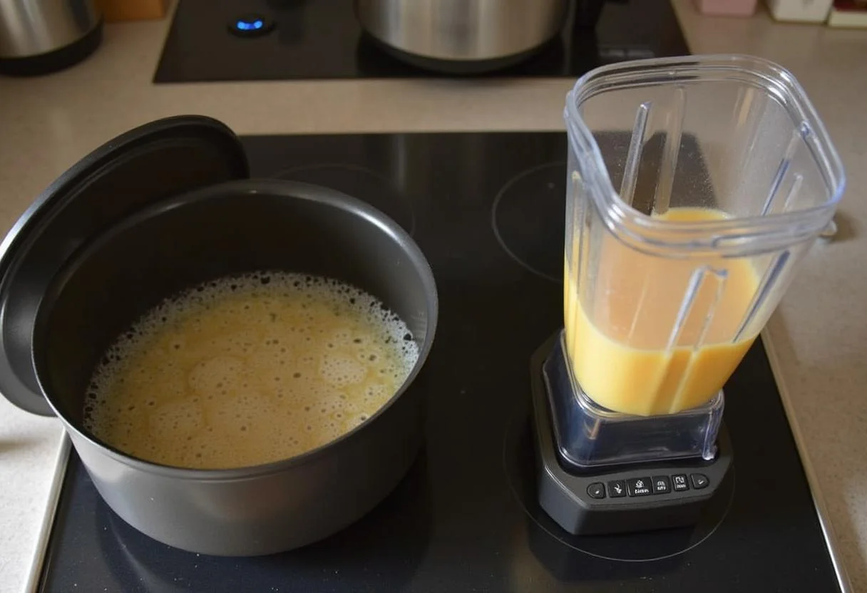 Köchelnde Mischung im Topf für Käse Hack Lauch Suppe.