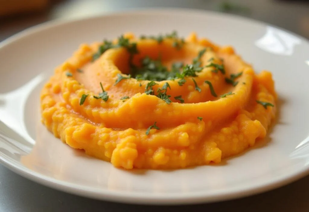 Cremiger Karotten-Kartoffel-Stampf, perfekt angerichtet und bereit zum Genießen.