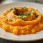 Cremiger Karotten-Kartoffel-Stampf, perfekt angerichtet und bereit zum Genießen.