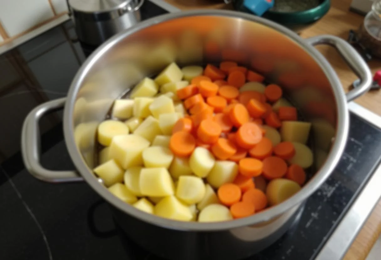 Kartoffeln und Karotten im Topf, bereit zum Kochen für cremigen Karotten-Kartoffel-Stampf.